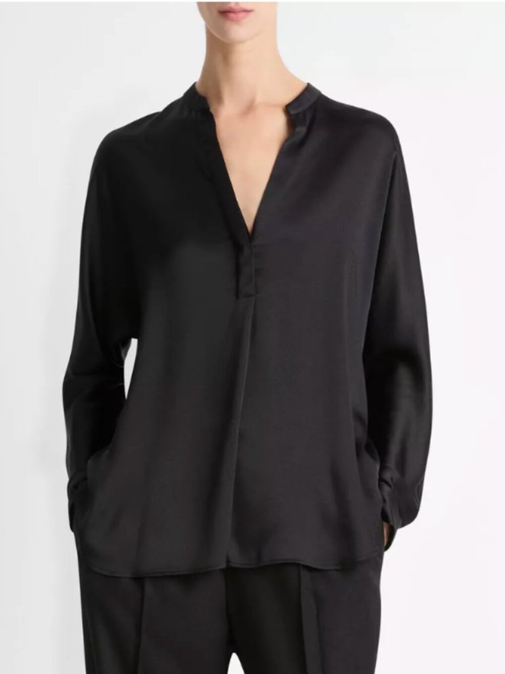 Vince 100% Silk Satin Band-Collar Blouse, Black, XL